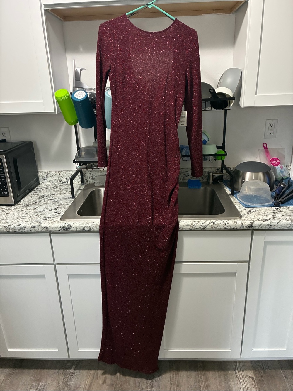 Sparkle Long-Sleeve Burgundy Evening Dress
